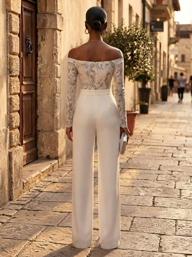 Satin Jumpsuit Off the Shoulder Long Evening Dresses with Lace Applique