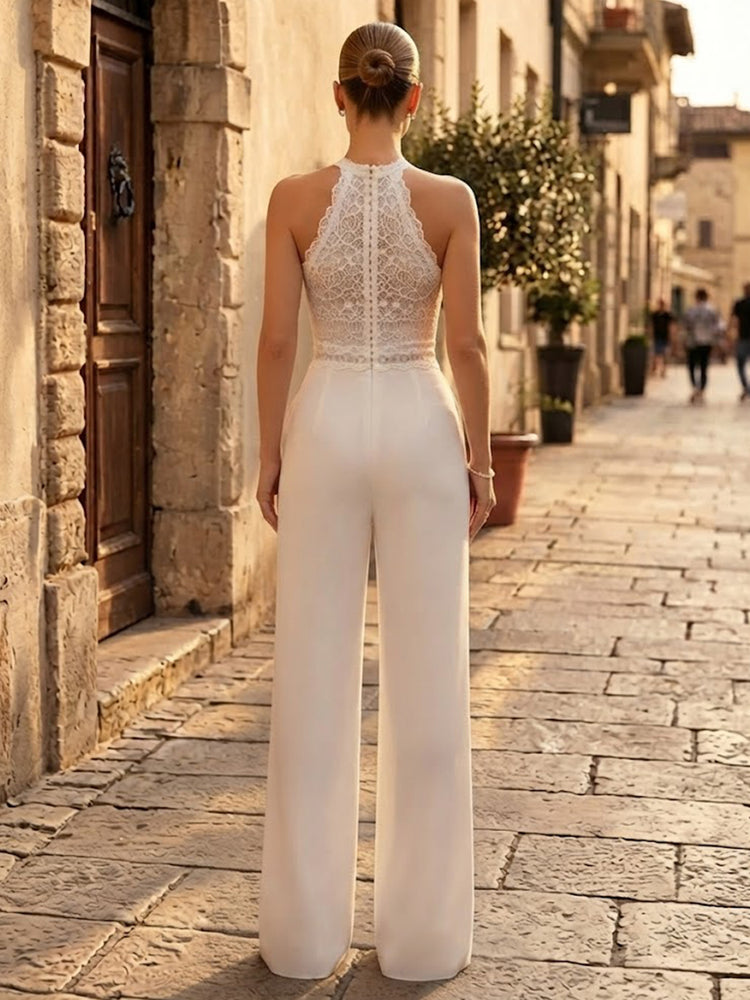 Satin Jumpsuit Scoop Neck Long Evening Dresses with Lace Applique