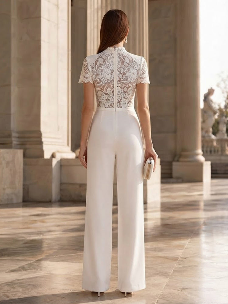 Satin Jumpsuit High Neck Long Evening Dresses with Lace Applique