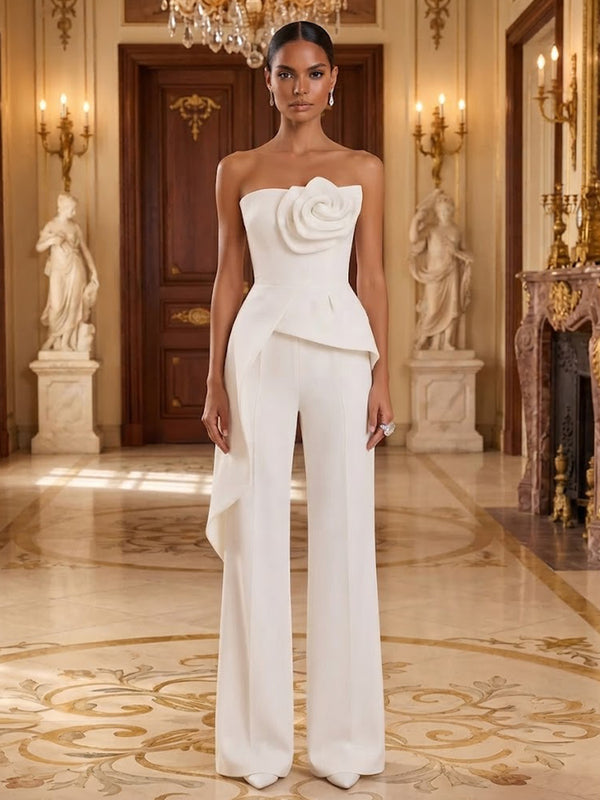 Satin Jumpsuit Strapless Long Evening Dresses with 3D Flowers