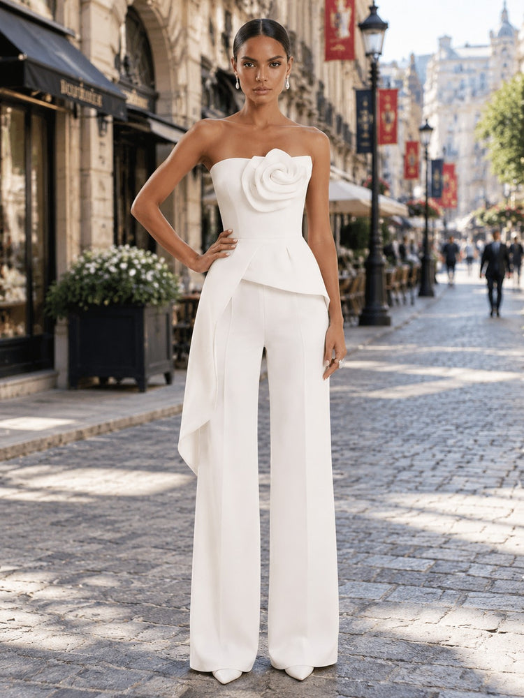 Jersey Jumpsuit Strapless Long Evening Dresses with 3D Flowers