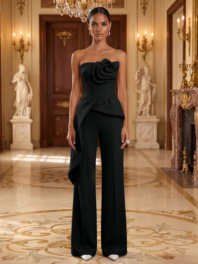 Satin Jumpsuit Strapless Long Evening Dresses with 3D Flowers