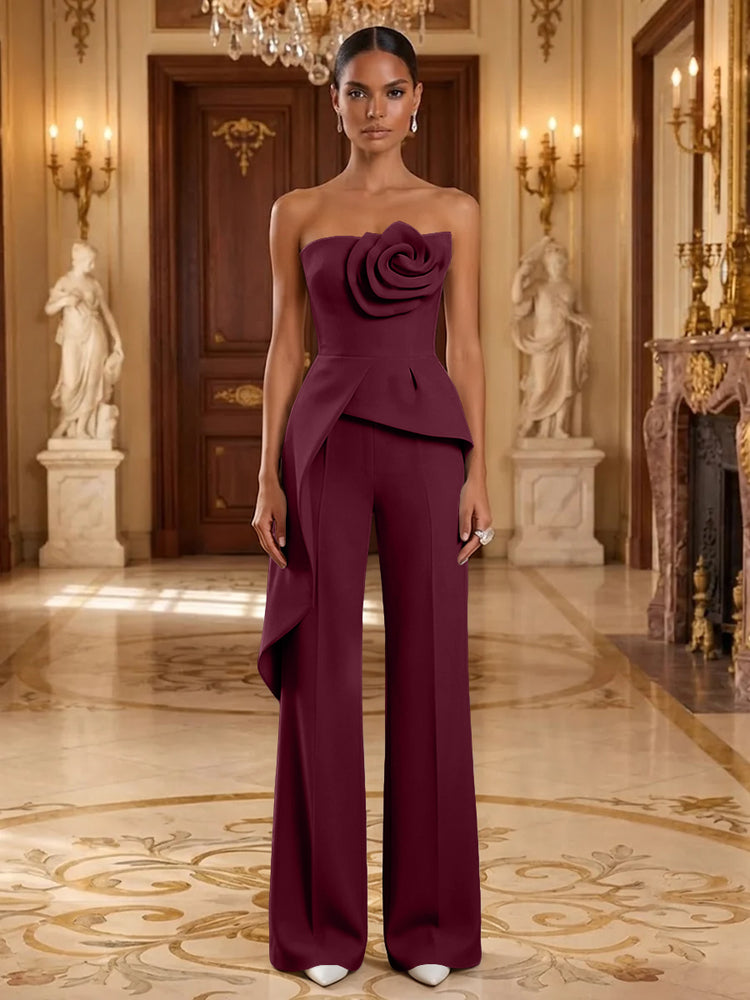 Satin Jumpsuit Strapless Long Evening Dresses with 3D Flowers