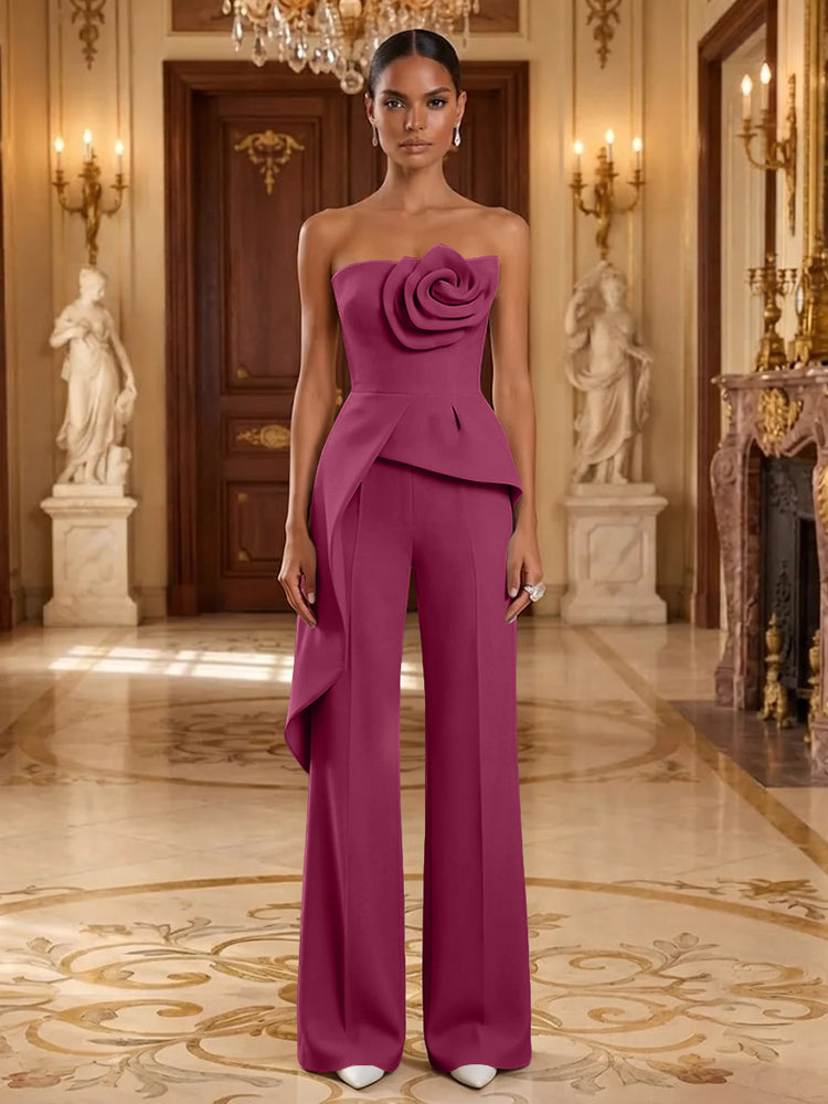 Satin Jumpsuit Strapless Long Evening Dresses with 3D Flowers