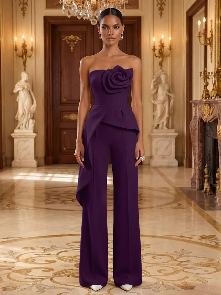 Satin Jumpsuit Strapless Long Evening Dresses with 3D Flowers