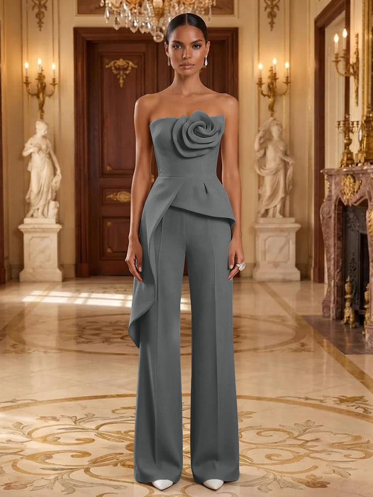 Satin Jumpsuit Strapless Long Evening Dresses with 3D Flowers