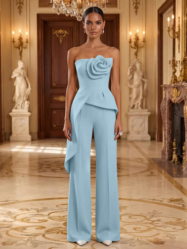 Satin Jumpsuit Strapless Long Evening Dresses with 3D Flowers