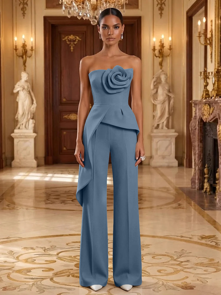 Satin Jumpsuit Strapless Long Evening Dresses with 3D Flowers