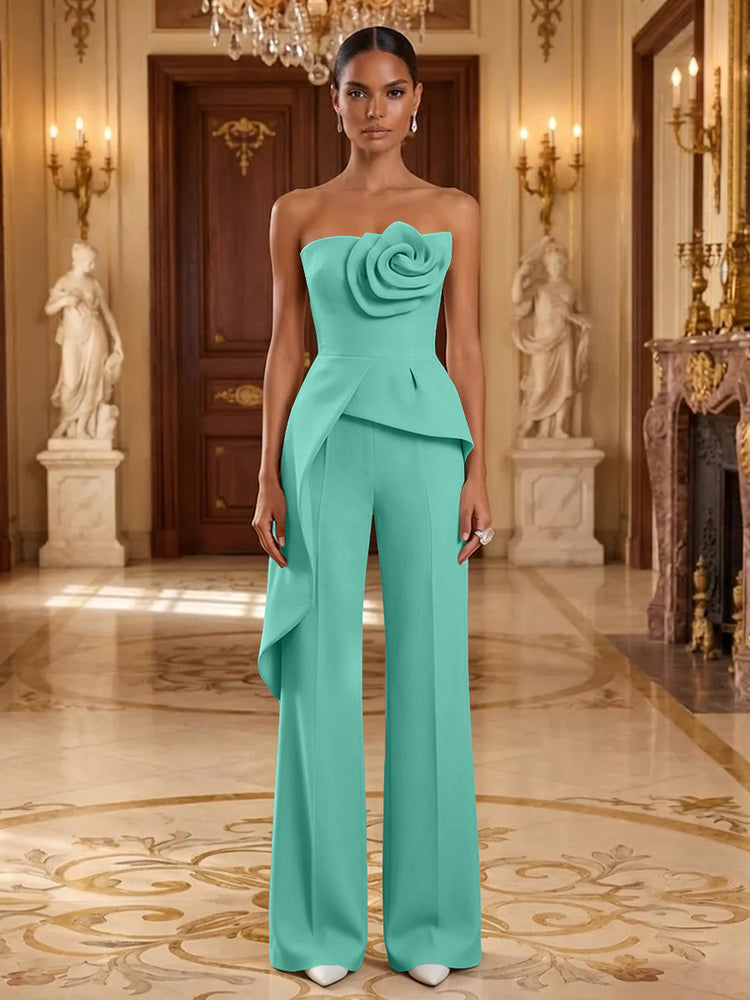 Satin Jumpsuit Strapless Long Evening Dresses with 3D Flowers