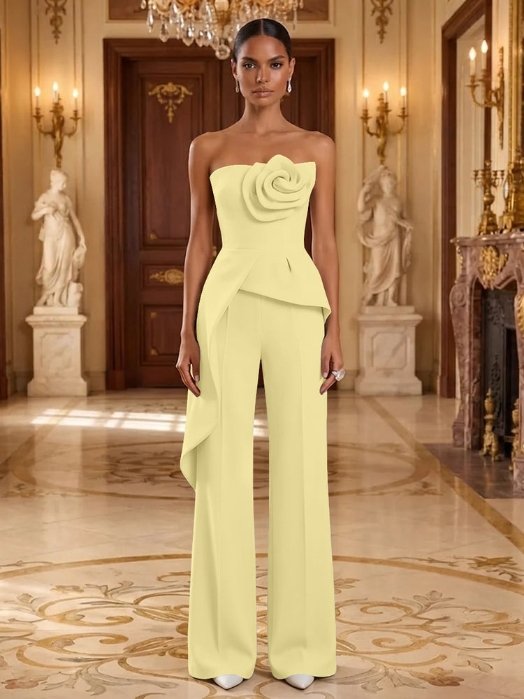 Satin Jumpsuit Strapless Long Evening Dresses with 3D Flowers