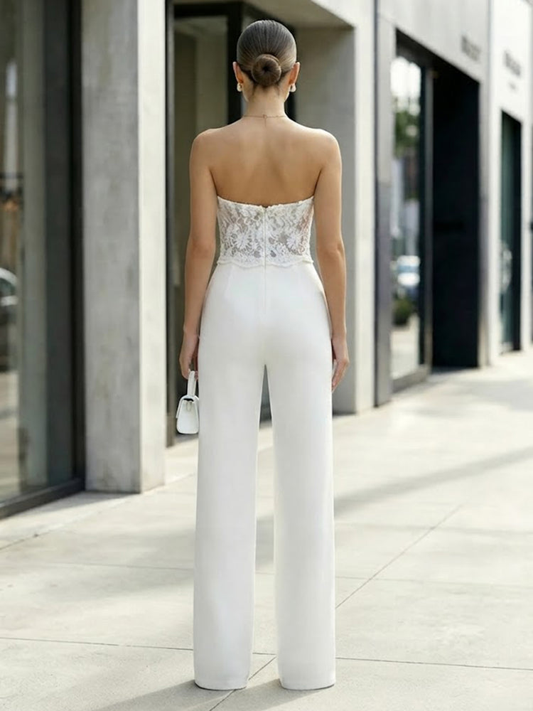 Satin Jumpsuit Sweetheart Long Evening Dresses with Lace Applique