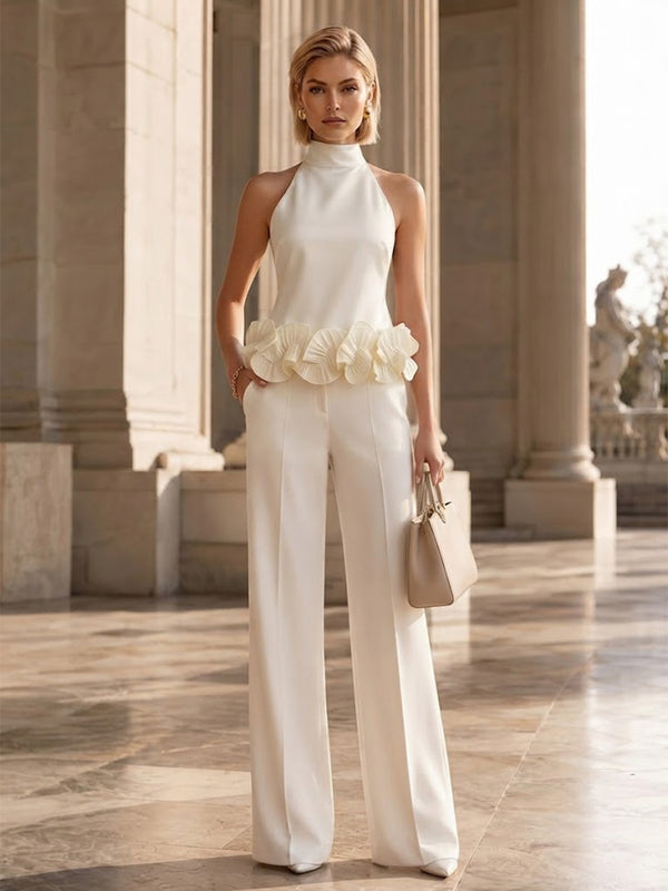 Satin Jumpsuit High Neck Long Evening Dresses with Ruffles