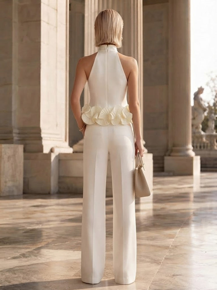 Satin Jumpsuit High Neck Long Evening Dresses with Ruffles