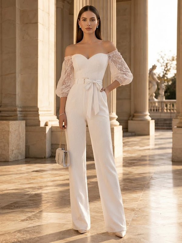 Satin Jumpsuit Off the Shoulder Long Evening Dresses with Lace Applique