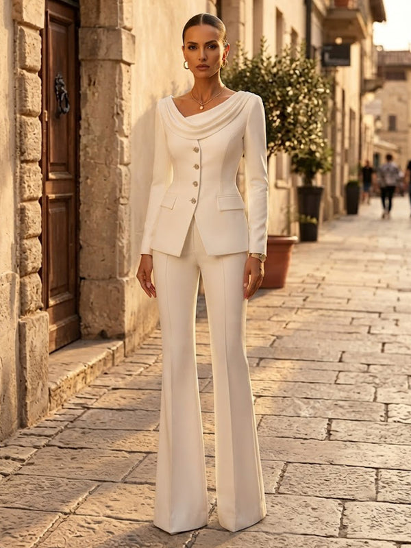 Satin Pantsuit Cowl Neck Long Evening Dresses with Pleated