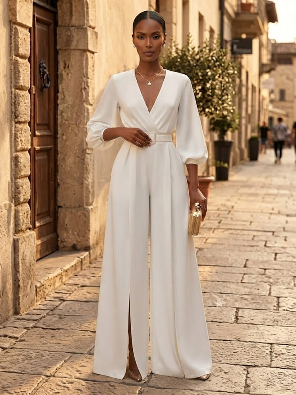 Satin Jumpsuit V Neck Long Evening Dresses with Pleated