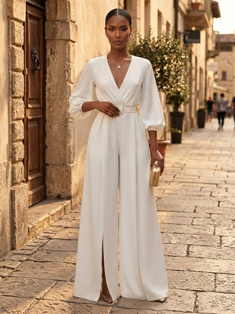 Satin Jumpsuit V Neck Long Evening Dresses with Pleated