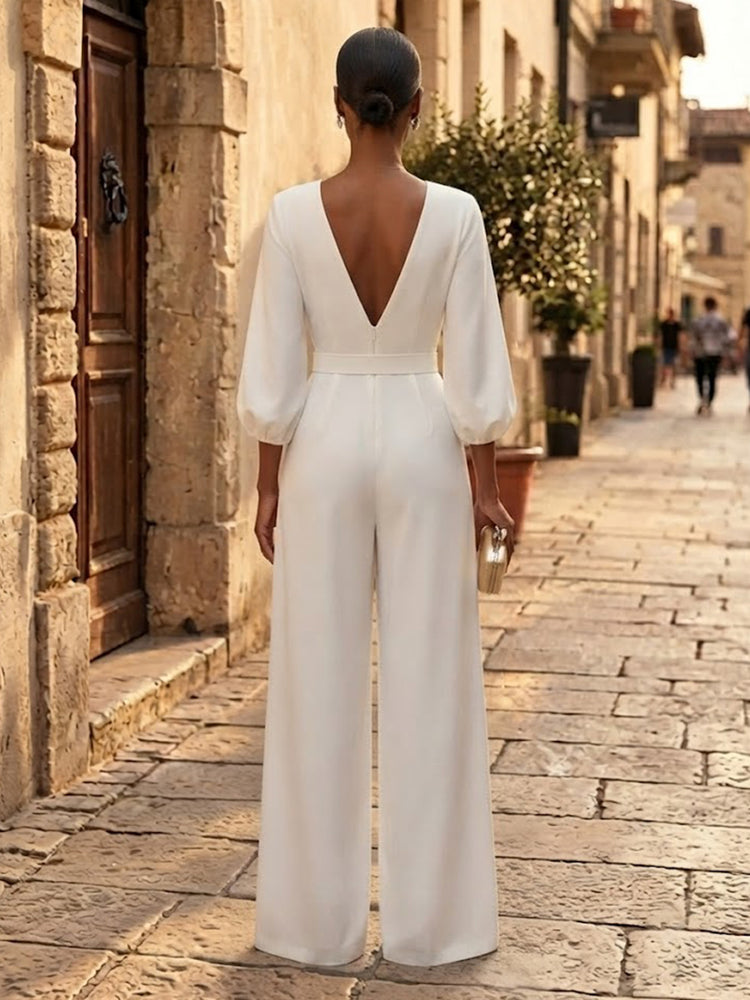 Satin Jumpsuit V Neck Long Evening Dresses with Pleated