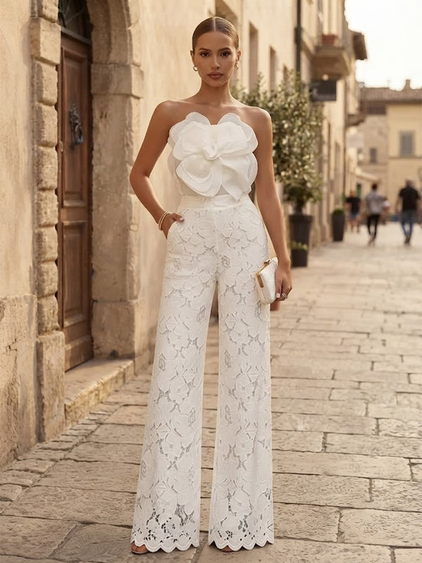Satin Jumpsuit Strapless Long Evening Dresses with Lace Applique