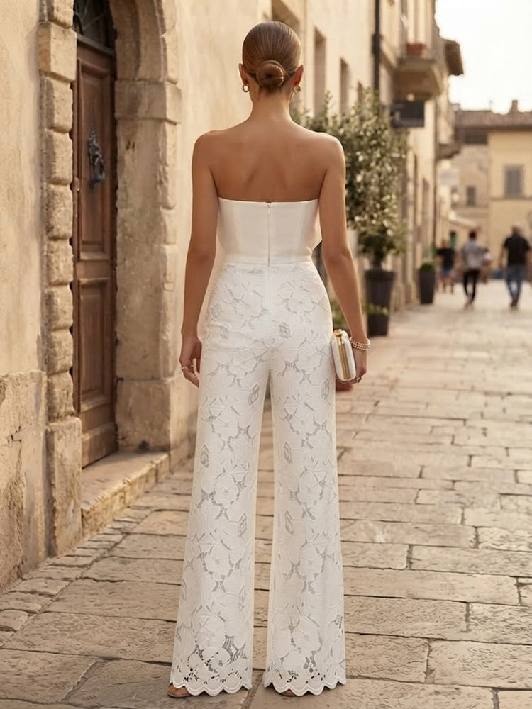 Satin Jumpsuit Strapless Long Evening Dresses with Lace Applique