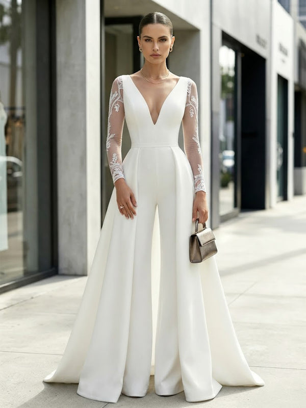 Satin Jumpsuit V Neck Long Evening Dresses with Lace Applique