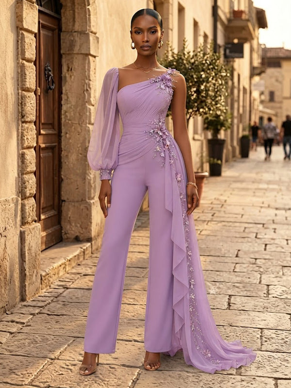 Chiffon Jumpsuit One Shoulder Long Evening Dresses with Ruffles