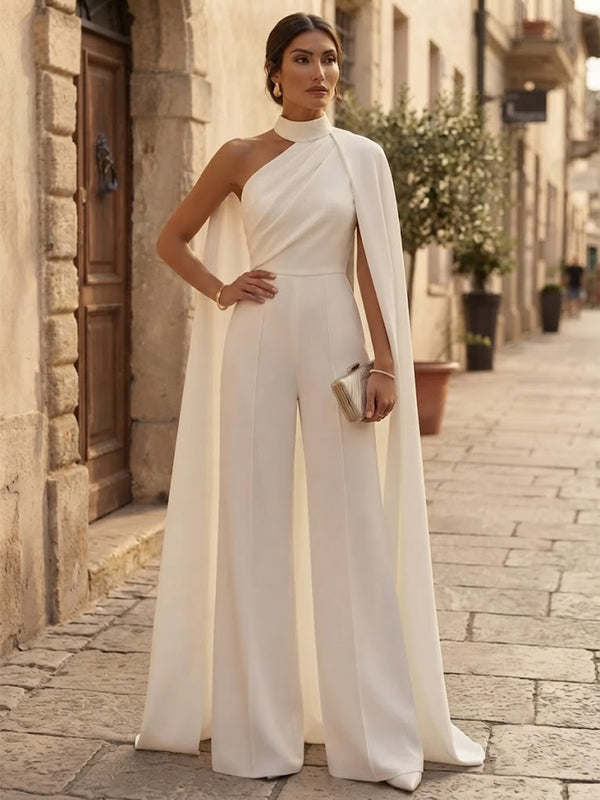 Satin Jumpsuit High Neck Long Evening Dresses with Pleated