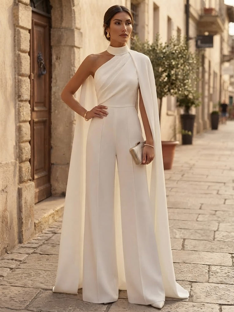 Satin Jumpsuit High Neck Long Evening Dresses with Pleated