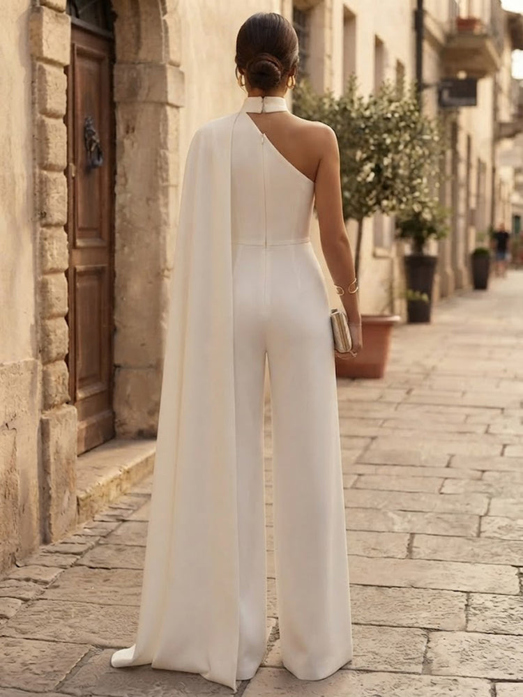 Satin Jumpsuit High Neck Long Evening Dresses with Pleated