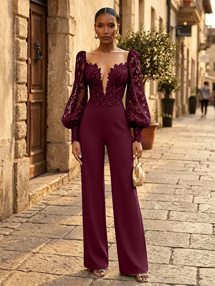 Satin Jumpsuit V Neck Long Evening Dresses with Pleated