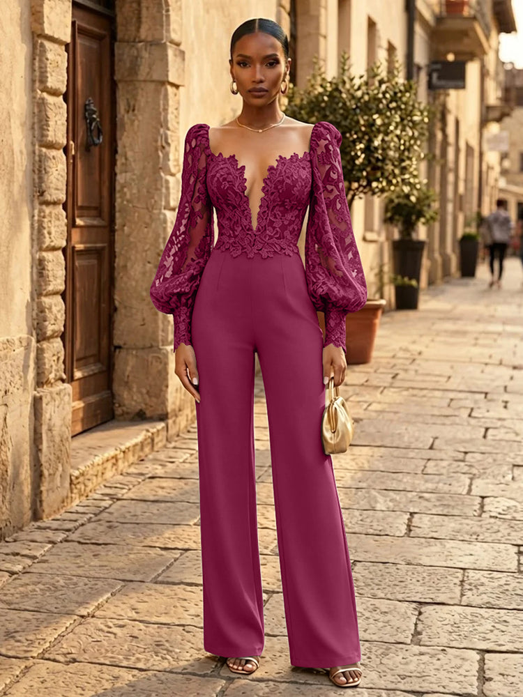 Satin Jumpsuit V Neck Long Evening Dresses with Pleated