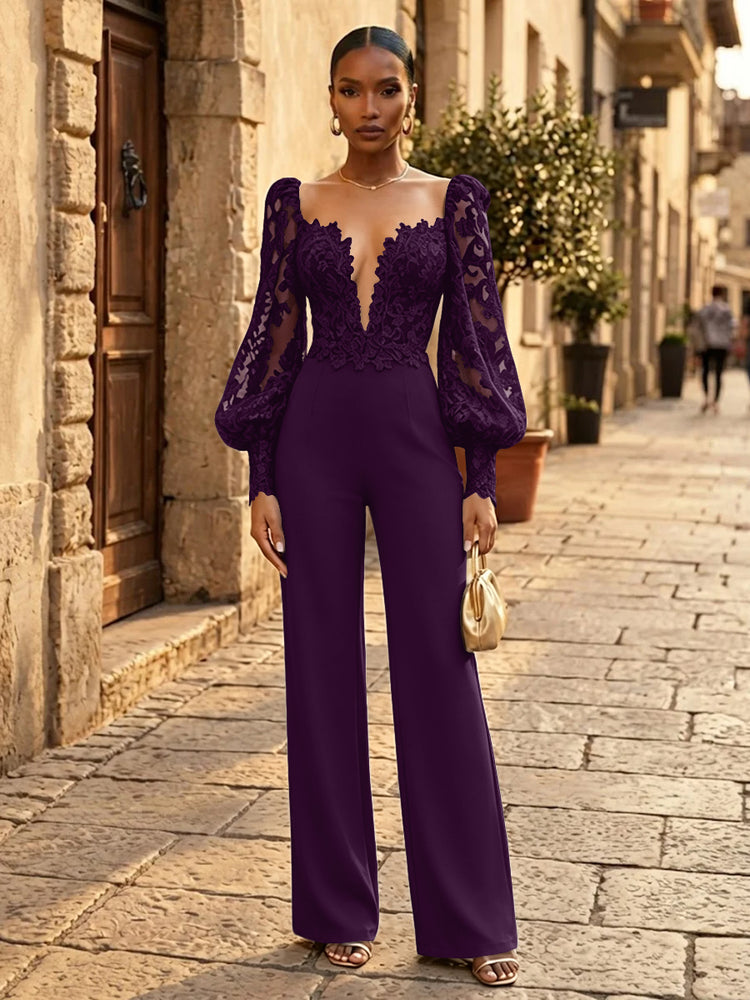 Satin Jumpsuit V Neck Long Evening Dresses with Pleated