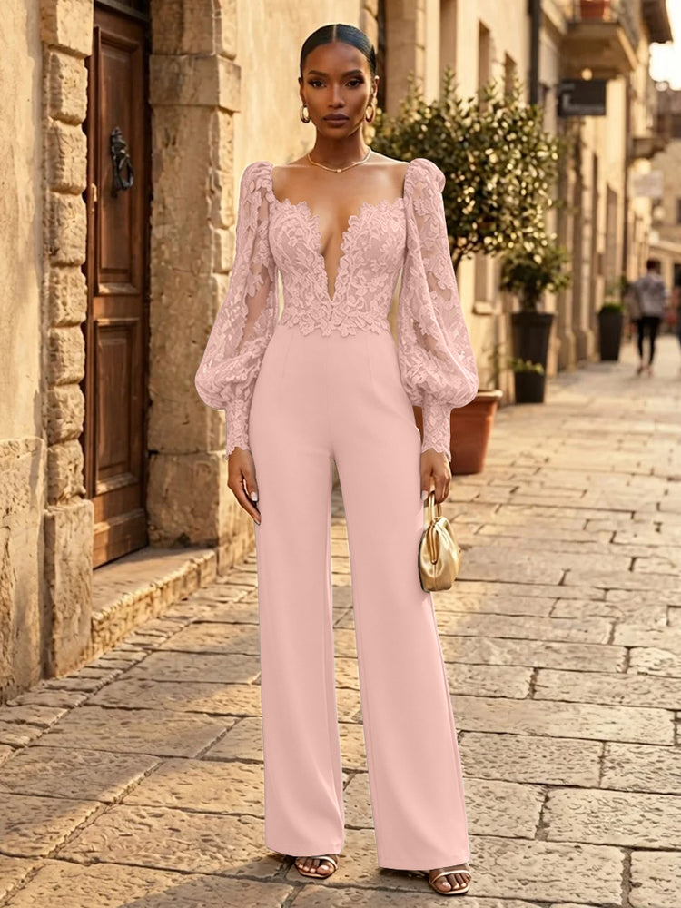 Satin Jumpsuit V Neck Long Evening Dresses with Pleated