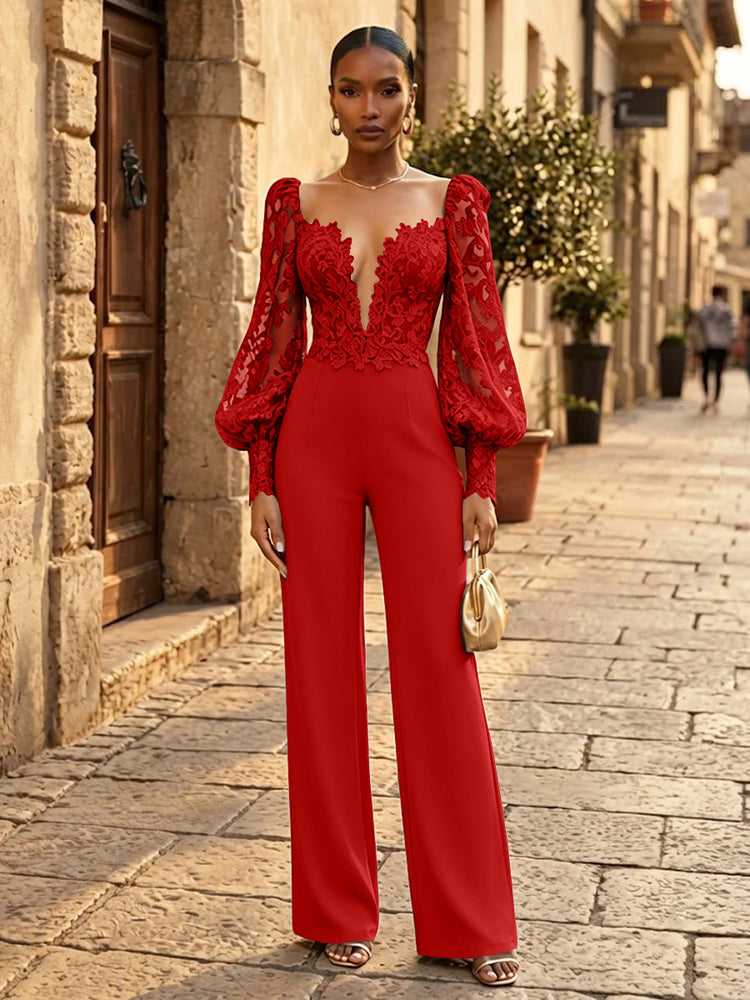 Satin Jumpsuit V Neck Long Evening Dresses with Pleated