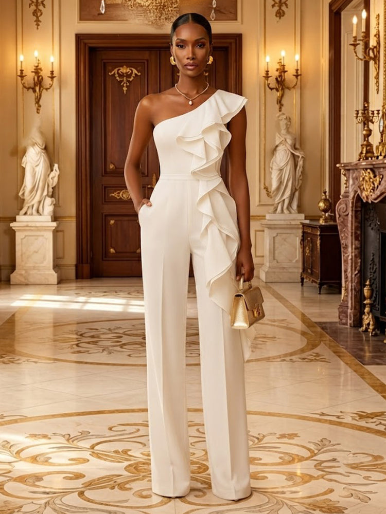 Satin Jumpsuit One Shoulder Long Evening Dresses with Ruffles