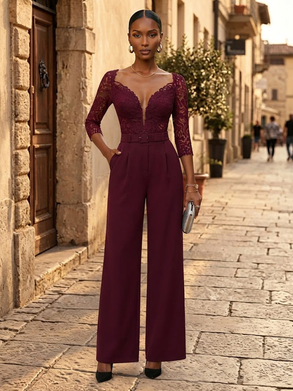 Satin Jumpsuit V Neck Long Evening Dresses with Lace Applique