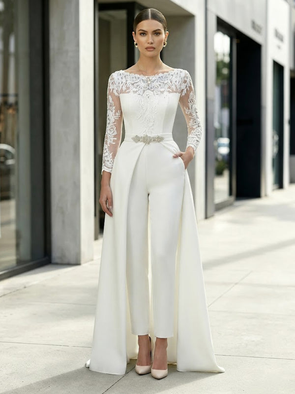 Satin Jumpsuit Boat Neck  Long Evening Dresses with Lace Applique