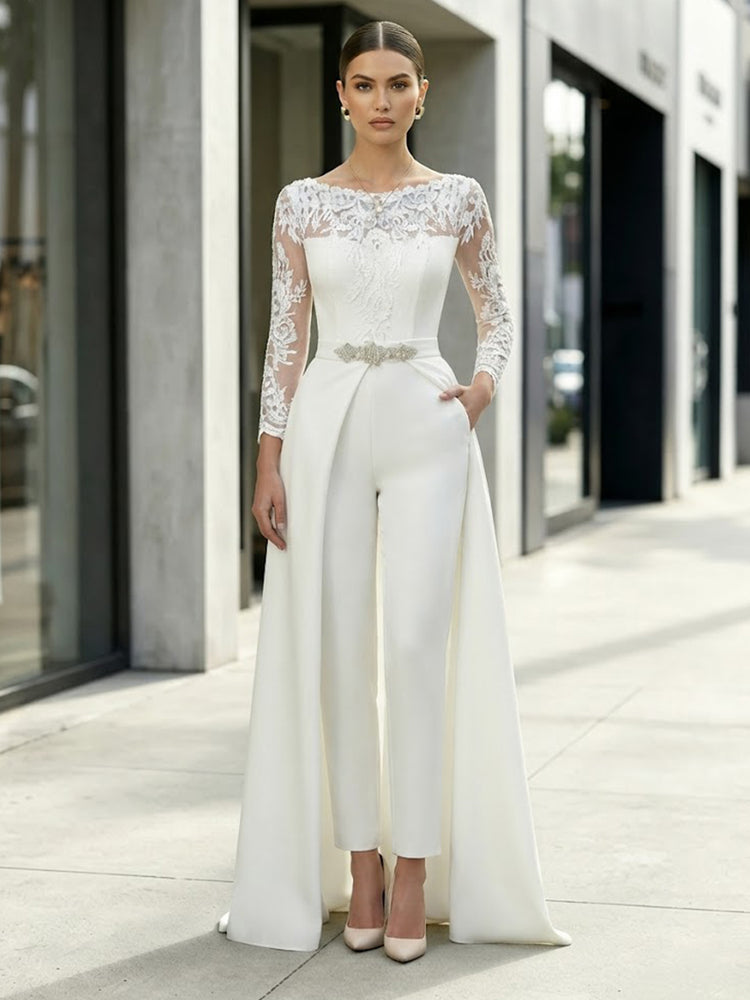 Satin Jumpsuit Boat Neck  Long Evening Dresses with Lace Applique