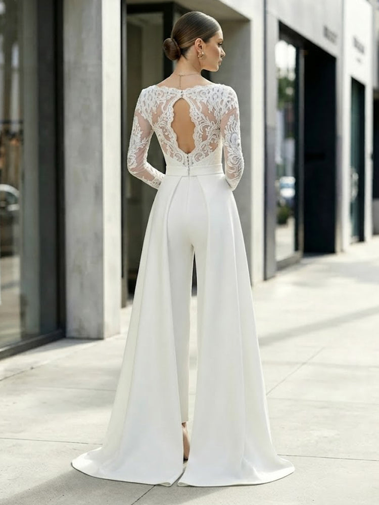 Satin Jumpsuit Boat Neck  Long Evening Dresses with Lace Applique