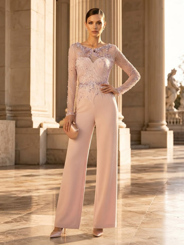 Satin Jumpsuit Boat Neck  Long Evening Dresses with Lace Applique