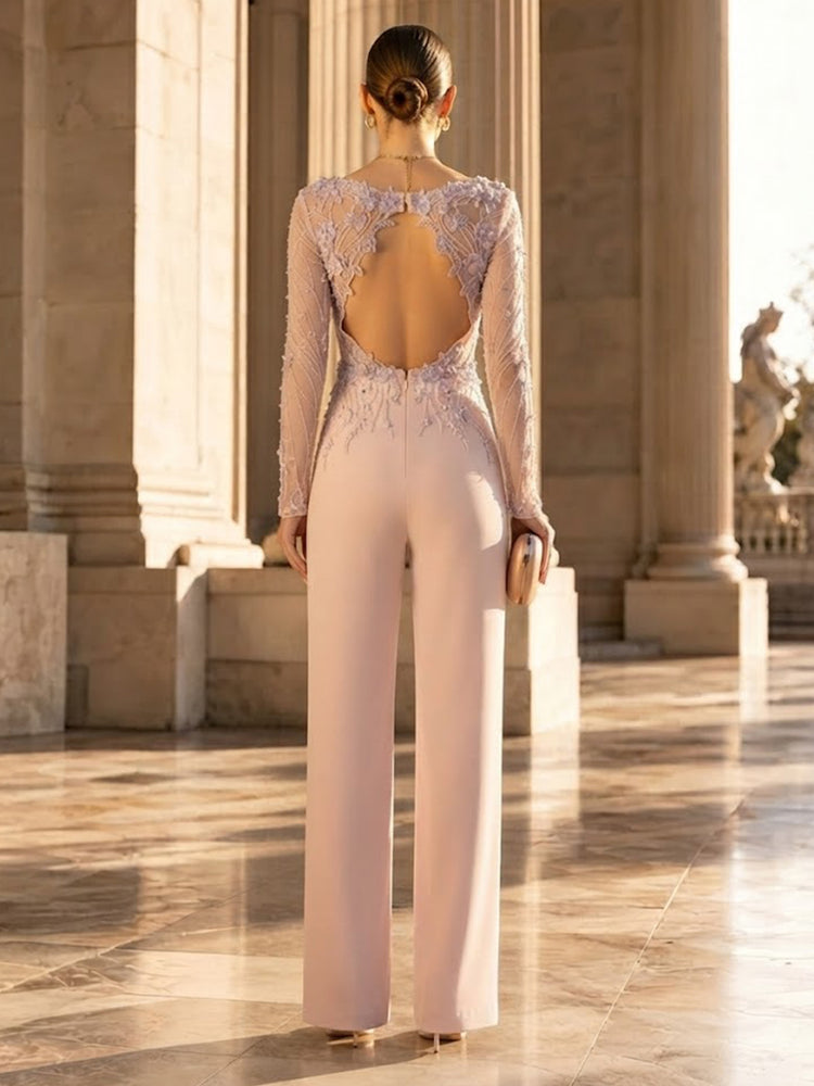 Satin Jumpsuit Boat Neck  Long Evening Dresses with Lace Applique
