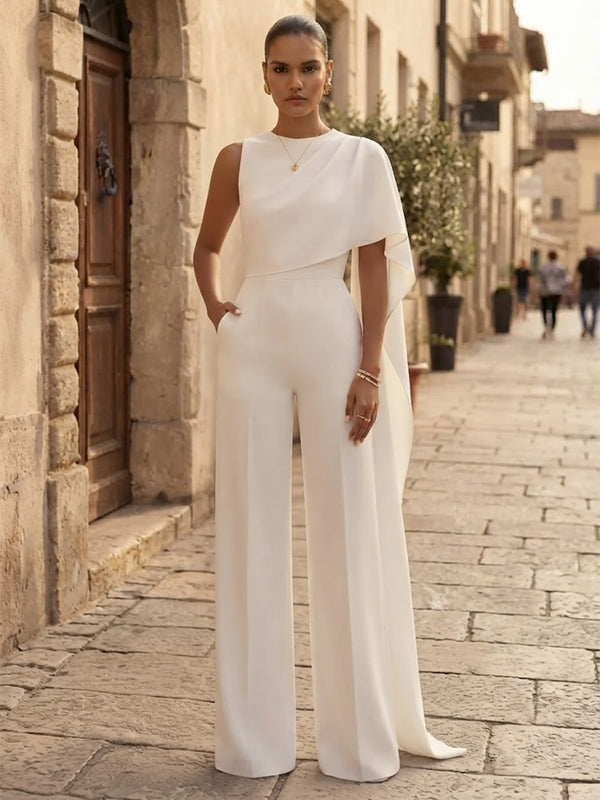 Satin Jumpsuit Round Neck Long Evening Dresses with Pleated