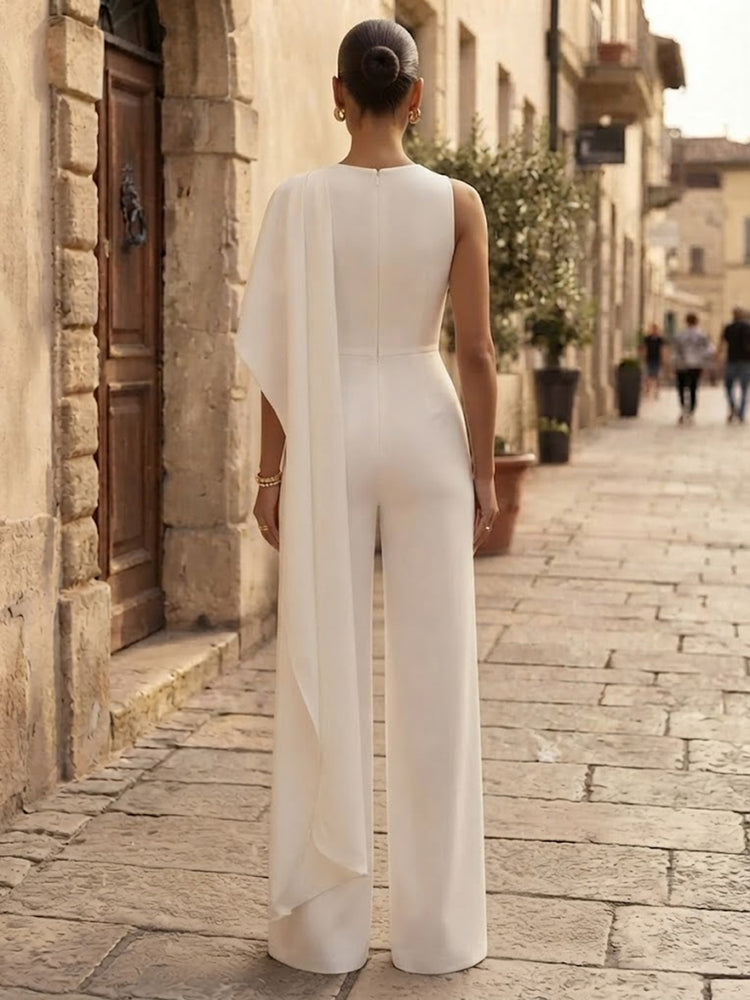 Satin Jumpsuit Round Neck Long Evening Dresses with Pleated