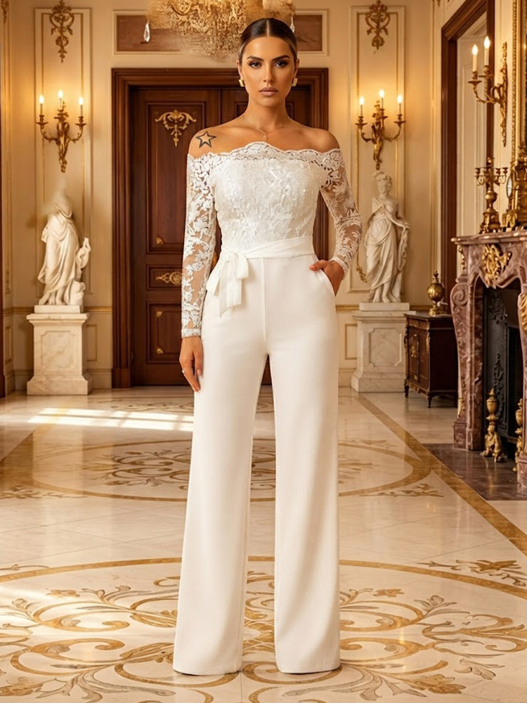 Satin Jumpsuit Round Neck Long Evening Dresses with Lace Applique