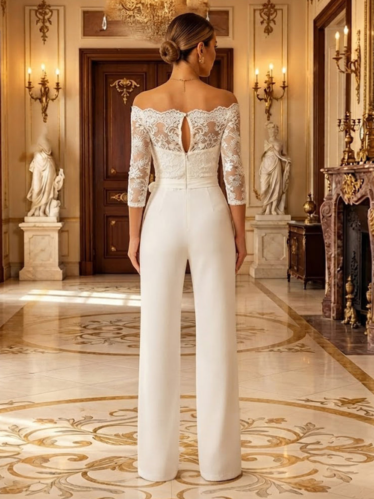 Satin Jumpsuit Round Neck Long Evening Dresses with Lace Applique