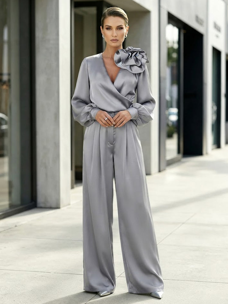 Satin Jumpsuit V Neck Long Evening Dresses with 3D Flowers