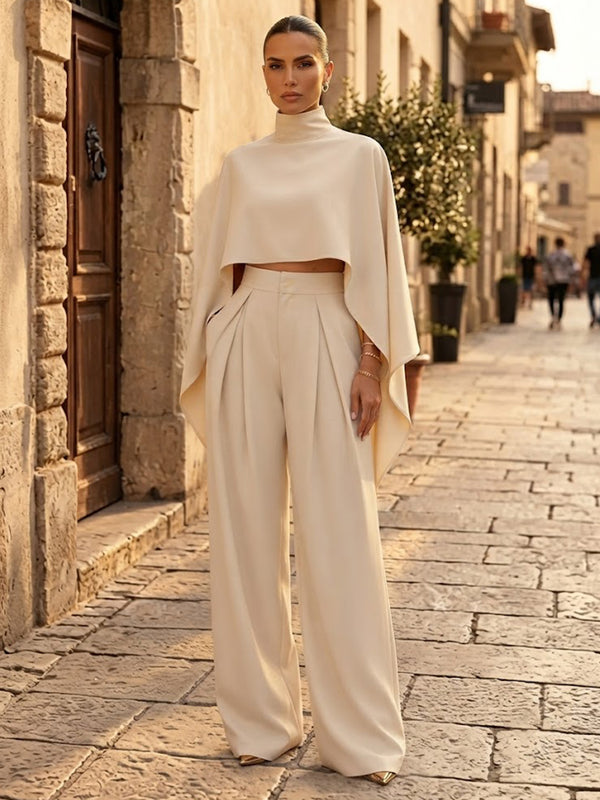 Satin Pantsuit High Neck Long Evening Dresses with Pleated