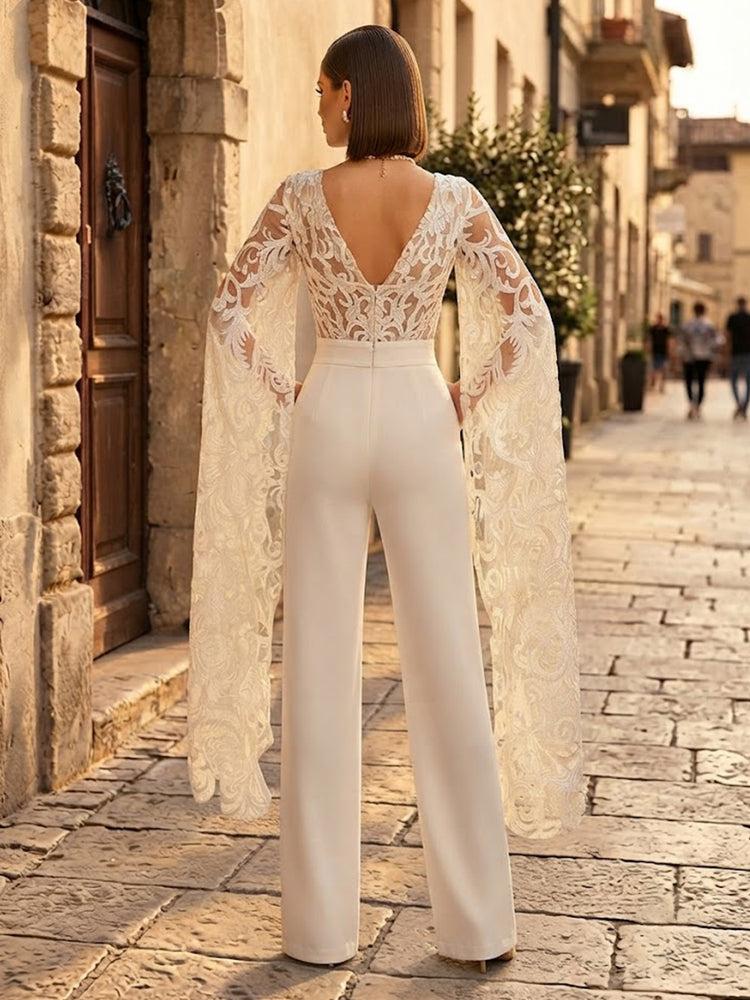 Satin Jumpsuit V Neck Long Evening Dresses with Lace Applique