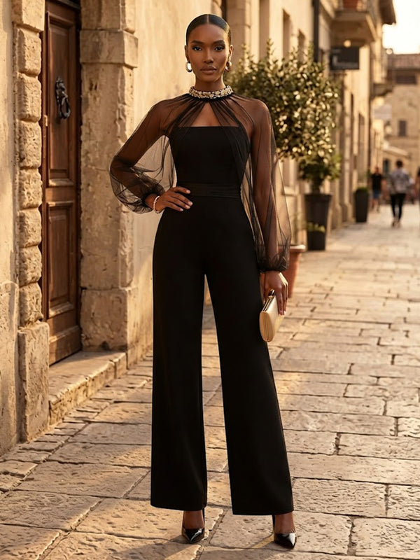 Satin Jumpsuit High Neck Long Evening Dresses with Beaded