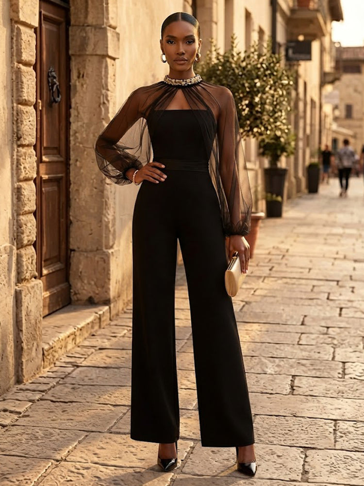 Satin Jumpsuit High Neck Long Evening Dresses with Beaded